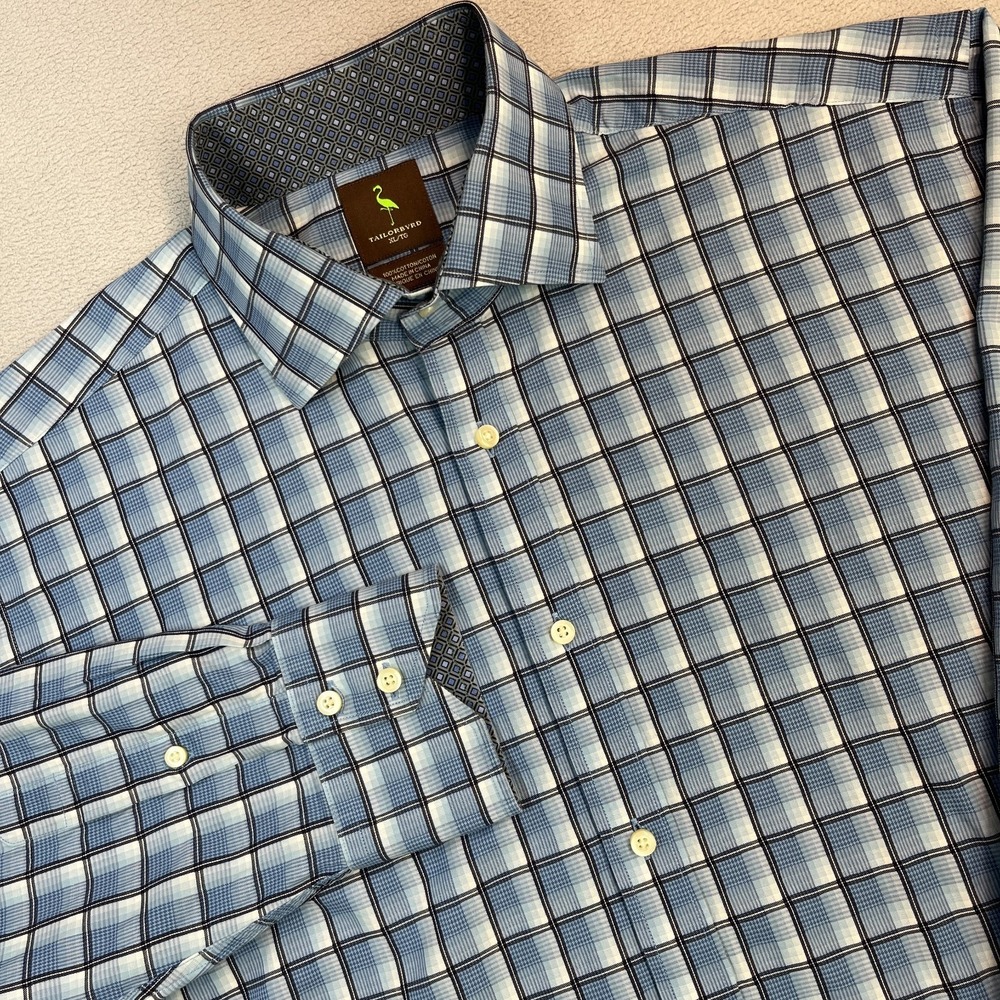 TailorByrd Mens XL Blue Plaid Button Up Shirt 100% Cotton Preppy Smart Casual